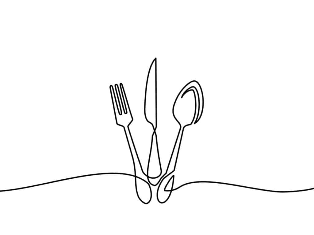 Ilustração vetorial com desenho de linha contínua de cor preta que representa faco, garfo e colher